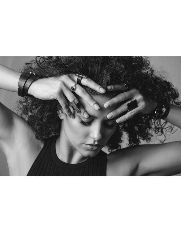 Black leather bracelet with stainless steel charms