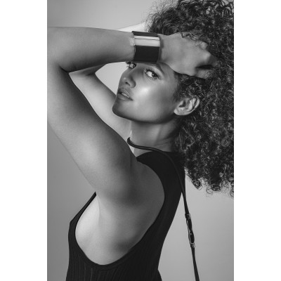 Wide black leather bracelet with shiny gold-plated stainless steel clasp 2