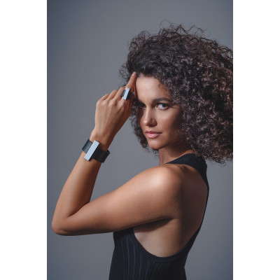 Black bracelet made of natural leather with a shiny steel element and a stainless steel magnetic clasp 2