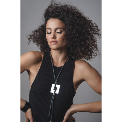 Black leather necklace with shiny stainless steel square pendant 2