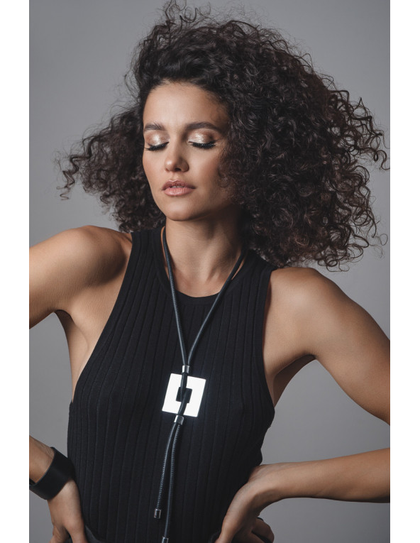 Black leather necklace with shiny stainless steel square pendant