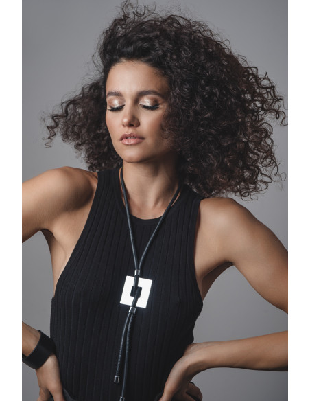 Black leather necklace with shiny stainless steel square pendant