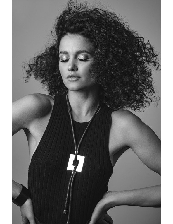 Black leather necklace with shiny stainless steel square pendant