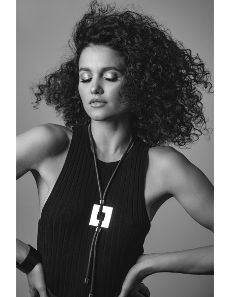 Black leather necklace with shiny stainless steel square pendant