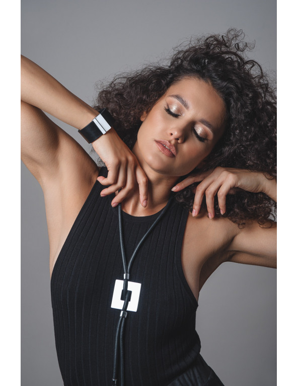 Black leather necklace with shiny stainless steel square pendant