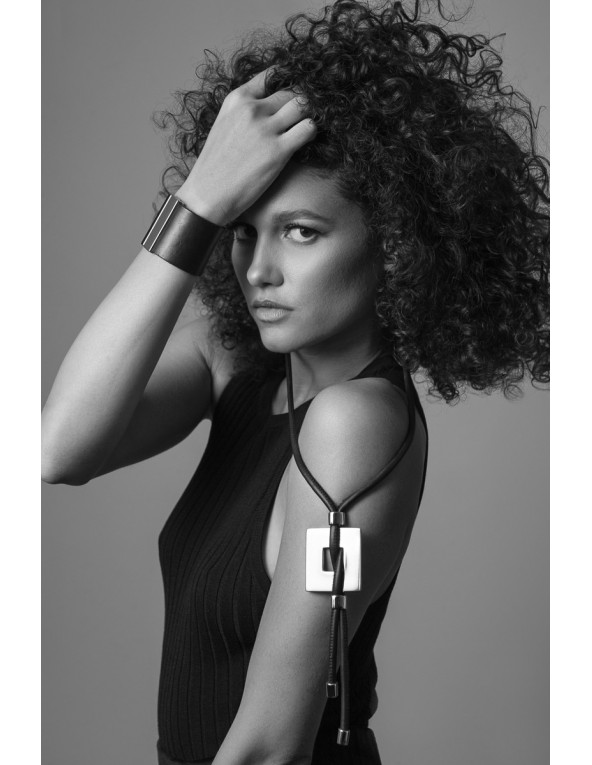 Black leather necklace with shiny stainless steel square pendant