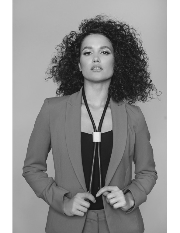 Adjustable black leather necklace with matte stainless steel slider