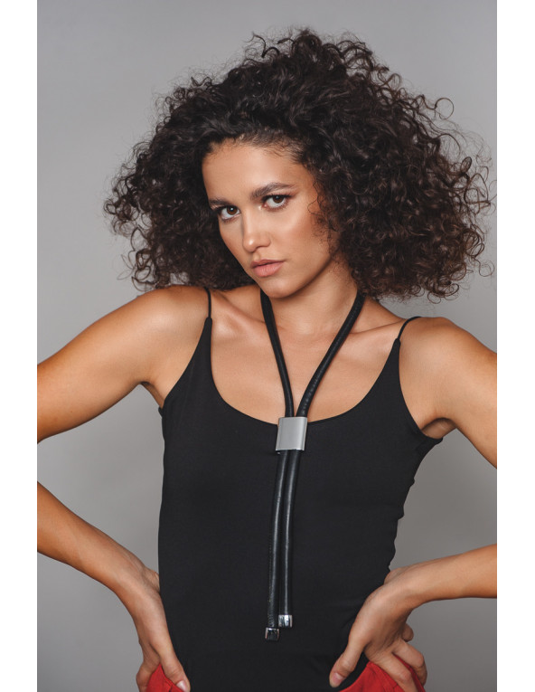 Black leather necklace with adjustable shiny stainless steel slider