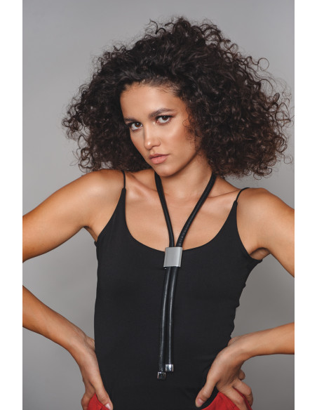 Black leather necklace with adjustable shiny stainless steel slider