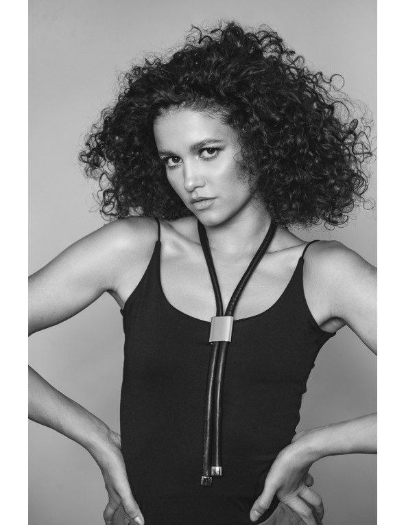 Adjustable black leather necklace with matte stainless steel slider