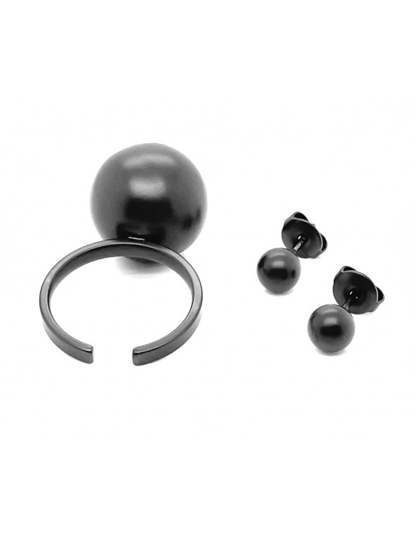 Stainless steel ring with large 16 mm matte black ball