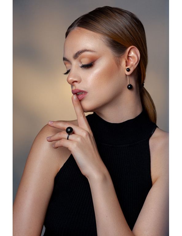 Matte black stainless steel earrings with two decorative spheres