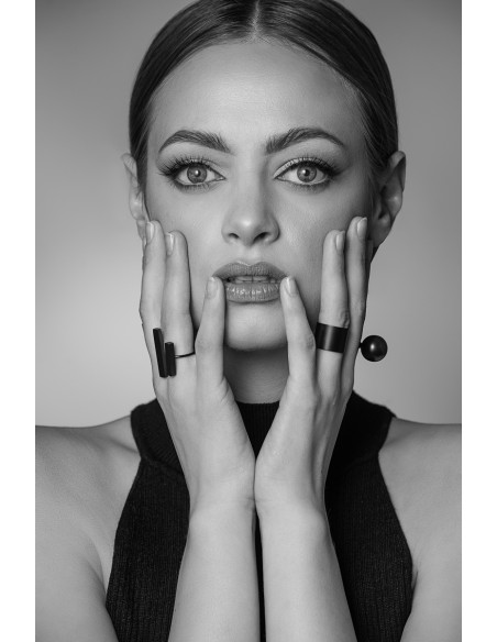 Matte black stainless steel earrings with two decorative spheres