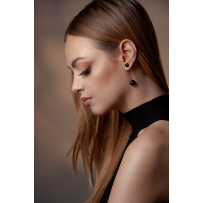 Matte black stainless steel earrings with two decorative spheres 2