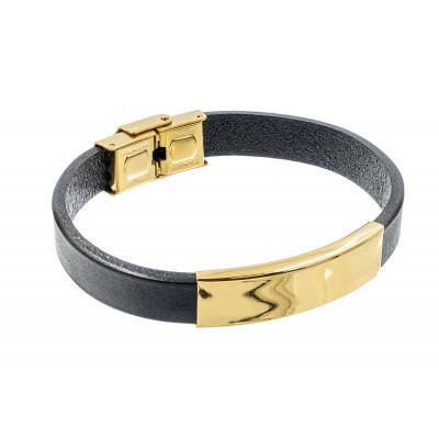 Men’s black leather bracelet with gold-colored steel plate and watch-style clasp.