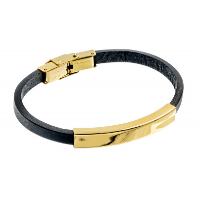 Women’s black leather bracelet with gold-colored steel plate and watch-style clasp.