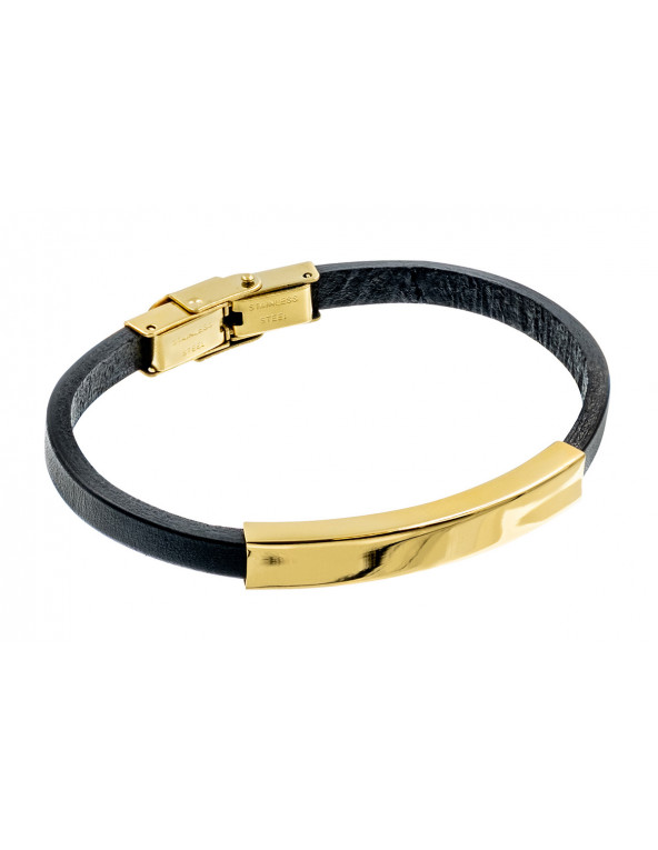 Women’s black leather bracelet with gold-colored steel plate and watch-style clasp.