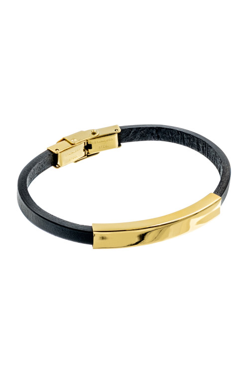 Men’s black leather bracelet with gold-colored steel plate and watch-style clasp.