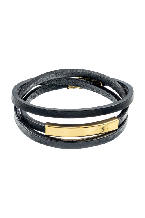Women’s black leather bracelet with gold-colored steel plate and watch-style clasp.