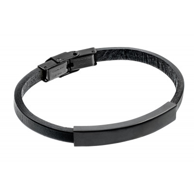 Men’s black leather bracelet with matte black stainless steel plate and watch-style clasp.