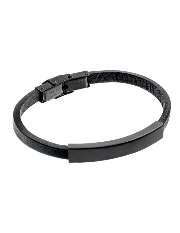Men’s black leather bracelet with matte black stainless steel plate and watch-style clasp.