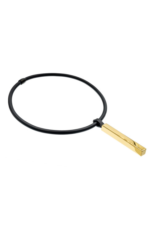 Black rubber necklace with a rectangular gold-plated steel element