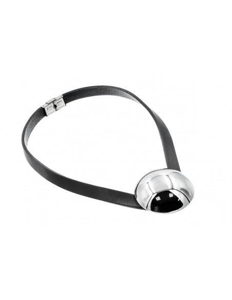 Leather necklace with large polished steel sphere