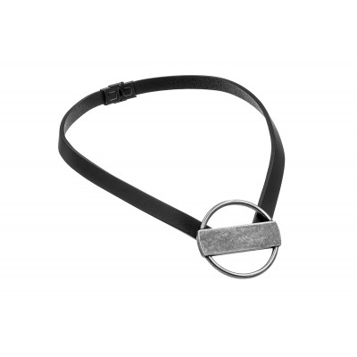 Leather necklace with aged steel circle element