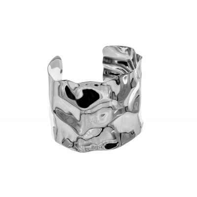 Wide crumpled stainless steel bracelet with a polished finish