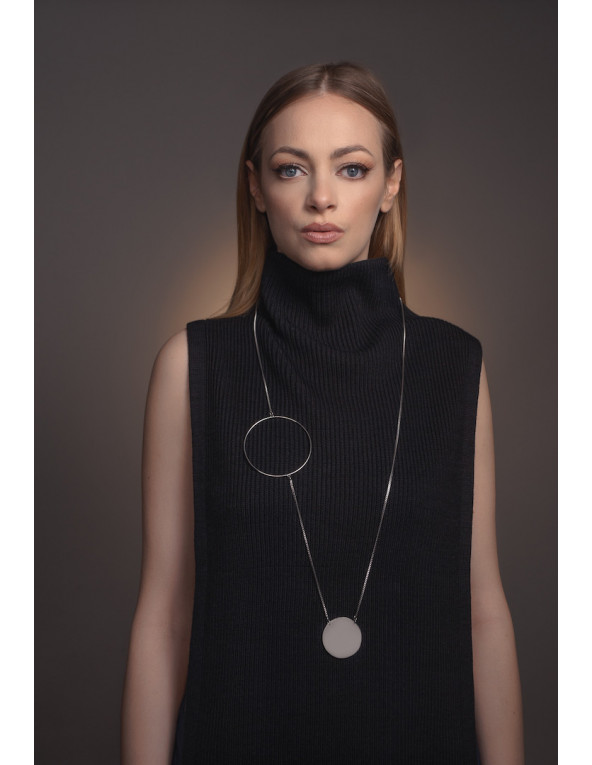 Long silver stainless steel necklace with geometric circles