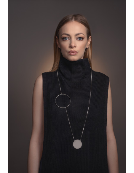Long silver stainless steel necklace with geometric circles