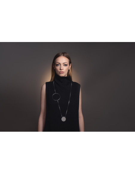 Long silver stainless steel necklace with geometric circles