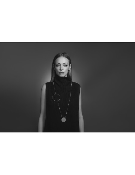 Long silver stainless steel necklace with geometric circles