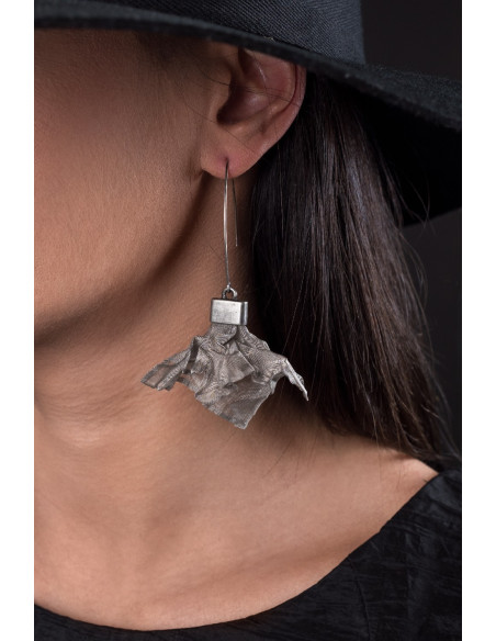 Handmade earrings made of matte stainless steel mesh and 925 silver