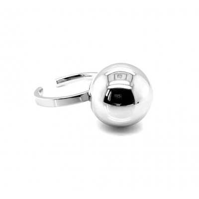 Stainless steel ring with large silver sphere