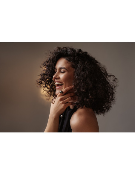 Stainless steel ring with large silver sphere