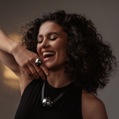 Leather necklace with large polished steel sphere 2