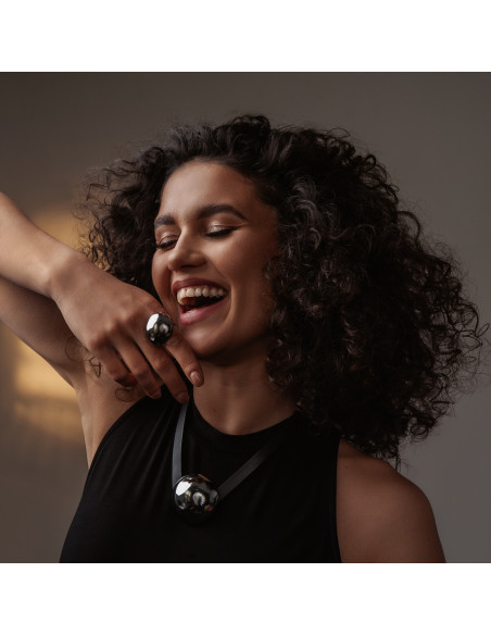 Leather necklace with large polished steel sphere