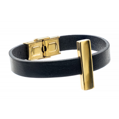 Delicate bracelet made of black leather and gold-plated stainless steel – with an adjustable gold clasp