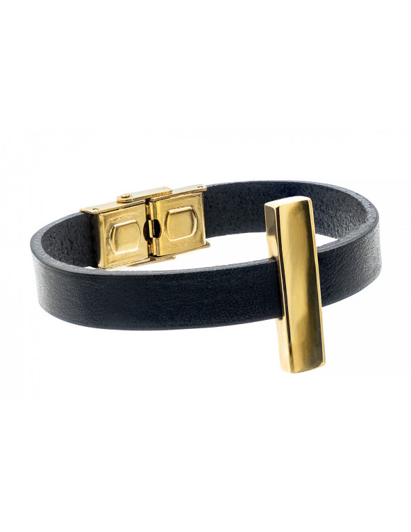 Delicate bracelet made of black leather and gold-plated stainless steel – with an adjustable gold clasp