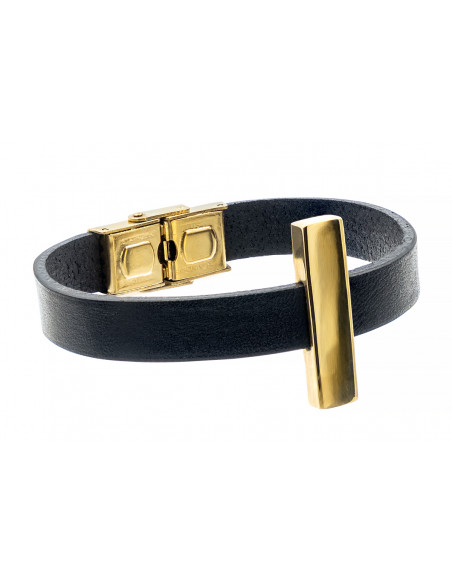 Delicate bracelet made of black leather and gold-plated stainless steel – with an adjustable gold clasp