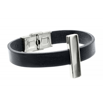 Bracelet made of leather and stainless steel – black with silver element, adjustable