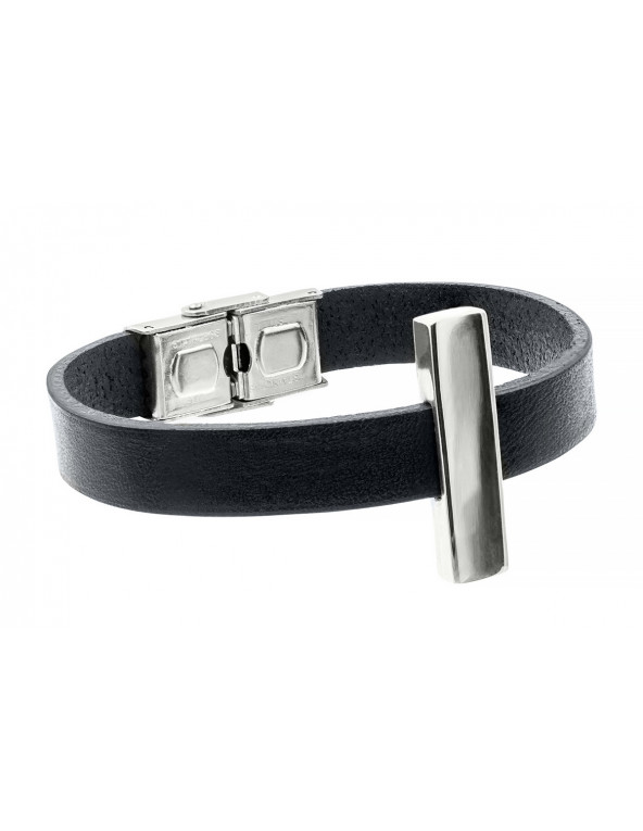 Bracelet made of leather and stainless steel – black with silver element, adjustable