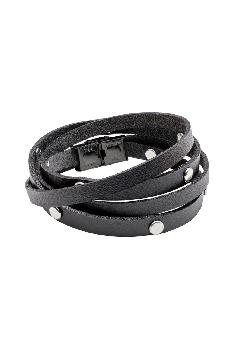 Men’s black double wrap leather bracelet with snaps