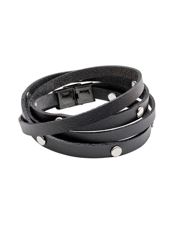 Men’s black double wrap leather bracelet with snaps