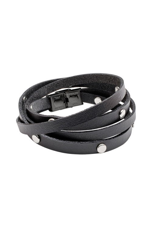 Men’s black double wrap leather bracelet with snaps