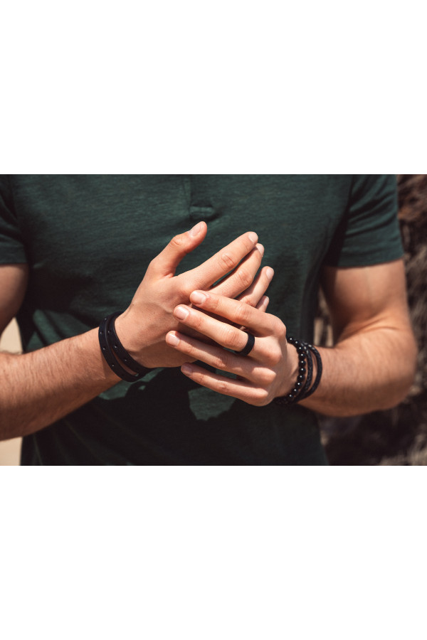 Men’s black leather bracelet, double-wrapped with adjustable watch-style clasp. 2