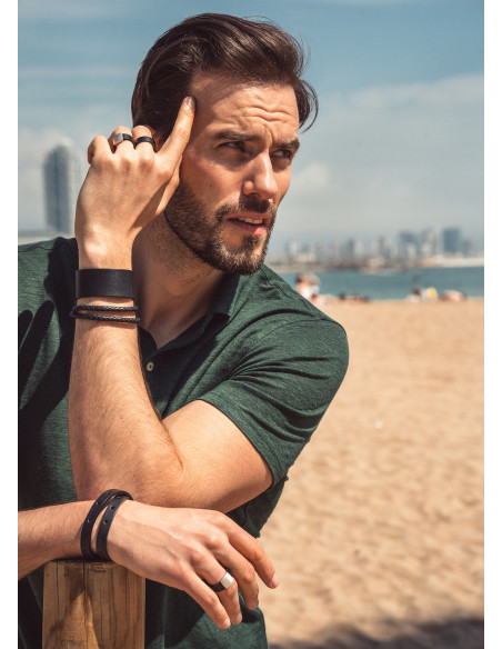 Men’s black leather bracelet, double-wrapped with adjustable watch-style clasp.