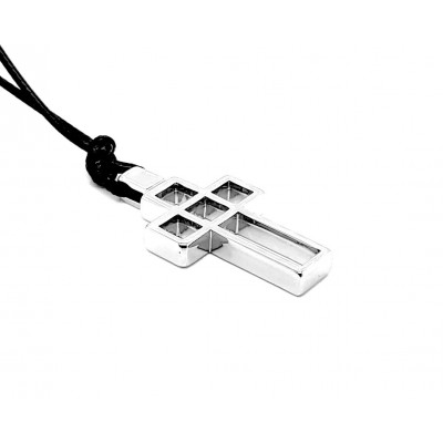 Men’s stainless steel cross necklace on black waxed cord with adjustable length