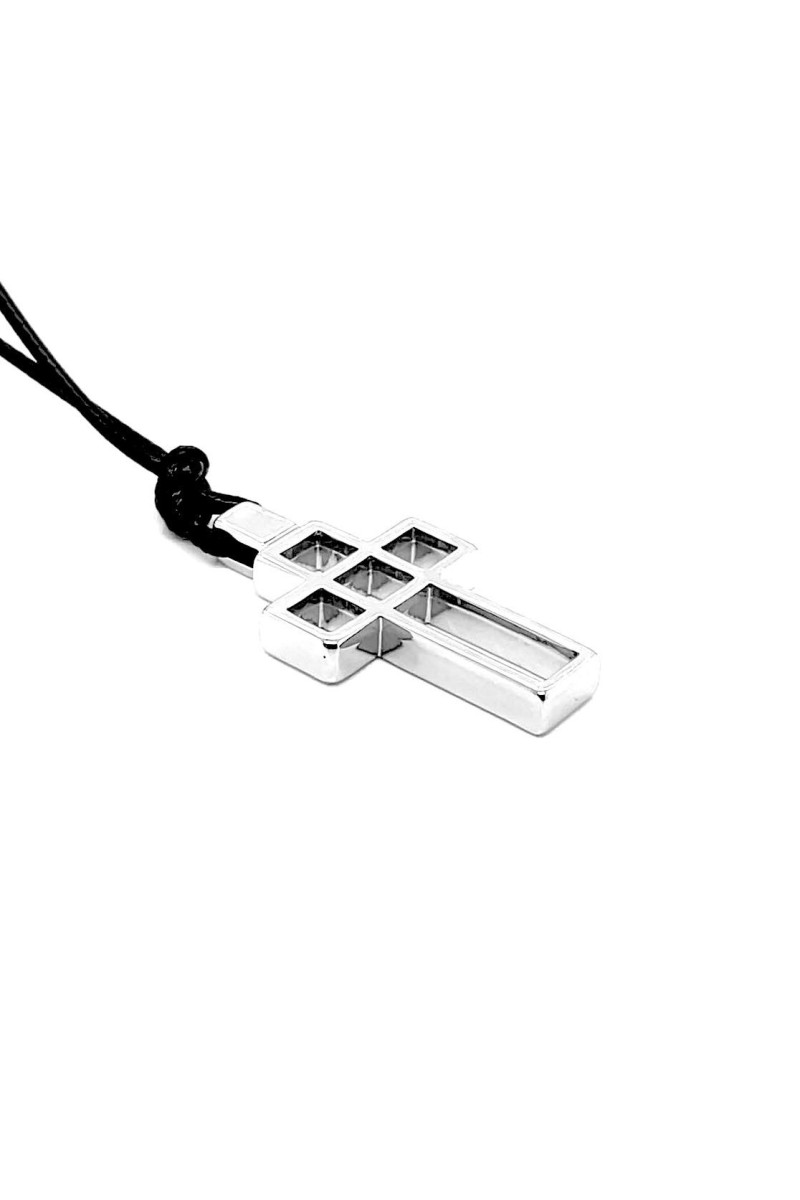 Men’s stainless steel cross necklace on black waxed cord with adjustable length